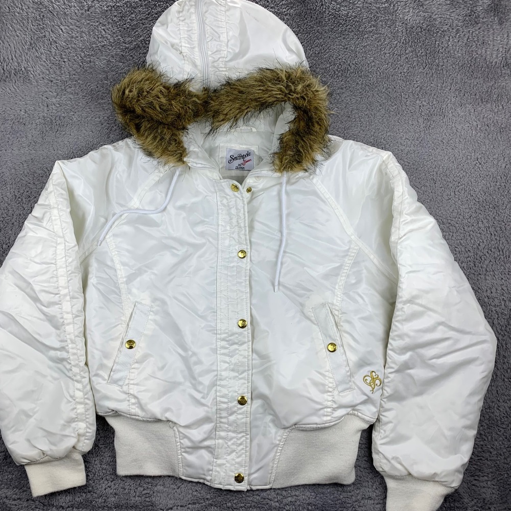 Southpole Bomber Jacket‎ Juniors XL White Faux Fur Hood Quilted Y2K Streetwear